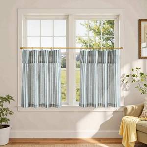 lot 7256 image: jinchan Striped Linen Kitchen Curtains with Attached Valance 24 Inch Length Cafe Tier Curtains for Living Room Rustic Half Window Light Filtering Rod Pocket Small Drapes 2 Panels Blue