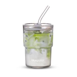 lot 7259 image: BLUEPOLAR 13oz400ml Glass Water Tumbler with Straw and Lid Sealed Carry On Thick Wall Iced Coffee Cup Glass Cup for Water, Iced Tea Fruit Juice Etc Aurora White
