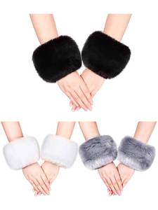 lot 7266 image: Hicarer 3 Pairs Women Winter Wrist Warmers Faux Fur Cuff Warmers Arm Leg for Women Winter Favors