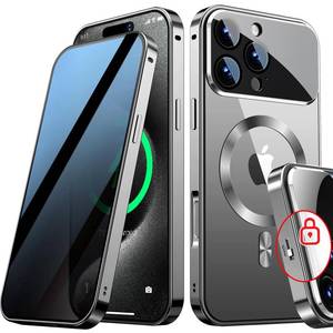 lot 7269 image: SIYUKBM Full Camera Protection& Mechanical Lock Magnetic Privacy Case for iPhone 16 Pro Compatible with MagSafe CD Metal Ring Full Body Shockproof Metal Bumper, 9H Anti Peeping Glass Cover-Grey