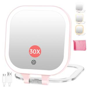 lot 7336 image: FASCINATE Compact Travel Makeup Mirror with Lights and Magnification, 3.5 inch Portable 1X30X Magnifying Mirror with 3 Color Light, Folding, Handheld (Pink)