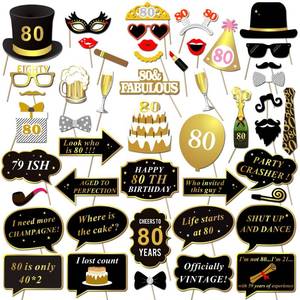 lot 7376 image: Konsait 80th Birthday Photo Booth Props(48Count), Funny 80 Party Photo Props Kit Black Gold Decor with Stick for Man Woman 80th Birthday Decorations Supplies Birthday Party Accessories Favors