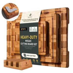 lot 7429 image: 3 Pack Heavy Duty Bamboo Cutting Board Set Non Toxic Wooden Cutting Board for Kitchen Non Slip Solid End Grain Thick Wood Juice Groove Chopping Board Extra Large Butcher Block Best House Warming Gift