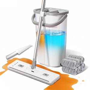 lot 7443 image: ZJSYJJ Mop and Bucket Set 360° Flat Squeeze Mop with Long Handle &amp Wringer Bucket, 6 Washable Microfiber Pads for Kitchen, Bathroom, Wall Cleaning, Wet Dry Use, Lovely Gift for Women