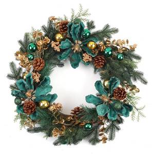 lot 7448 image: 22 Inch Christmas Wreath for Front Door Christmas Wreath Decoration with Green Velvet Flowers,Gold and Green Ball Ornaments,Pine Cones,Fireplace Mantel, Wall, Indoor Outdoor Holiday Xmas Decorations