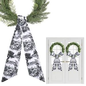 lot 7500 image: Black Wreath Sash for Front Door - 2 Pcs Dark French Toile Sashes for Wreaths Home Decor, Rustic Wreath Sash for Embroidery Monogram Farmhouse Yard