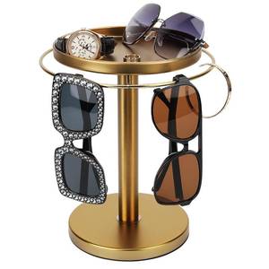 lot 7513 image: kondyfayo 360° Rotating Sunglass Organizer Storage, Stainless Steel Glasses Holder Stand, Glasses Organizer with Tray for Desk, Dresser, Tabletop, Nightstand and Home Decor (Gold)