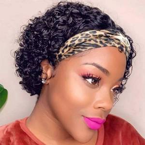 lot 7552 image: KPROYU Headband Wig Human Hair Wigs for Black Women Pixie Cut Wig Put on and Go Glueless Wig Short Curly Headband Wigs 150% Density Natural Black 6 Inch