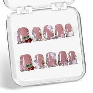 lot 7568 image: Duck Press on Nails Duck Handmade Press on Nails 3D Luxury Rhinestone Cherry and Pearl Acrylic Fake Nails Designs Flower Stick on Nails Full Cover Thickened False Nails for Women Nail Art DIY M