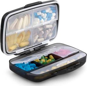 lot 7621 image: Travel Pill Organizer Large Portable Medication Fullicon Oversize 8 Compartment Pill Box, Vitamin Travel Case Pill Holder - Airtight & Moistureproof (Black)