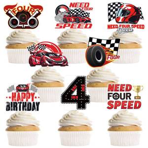 lot 7671 image: MOIZYNG 40 PCS Need Four Speed Birthday Decorations, Checkered Flag Race Car Cupcake Toppers, Happy 4th Birthday Decorations for 4 Years Old Boys Racing Bday Party Favors Supplies