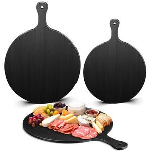 lot 7690 image: Geetery 2 Pcs Round Black Cutting Board with Handle Bamboo Cheese and Chopping Board Charcuterie Black Platter Tray for Kitchen Pizza Bread Vegetables DIY Holiday Present (11.6 Inch,9 Inch)