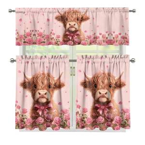 lot 7711 image: Cozeyat Rose Highland Cow 3-Piece Kitchen Curtain Set, Rod Pocket Kitchen Curtain Valance and Tiers Set, Washable Drape Window Treatment Set