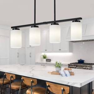 lot 7726 image: Modern Island Lights for Kitchen, Black Dining Room Light Fixtures, 4-Light Farmhouse Linear Chandeliers Over Table White Frosted Glass Adjustable Hanging Light Kitchen Pendant Lighting Over Island