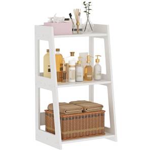 lot 7728 image: POBOMULI 3-Tier Bathroom Ladder Shelf Freestanding, White Floor Shelves Open Shelving Unit, Small Bookshelf Nightstand for Home Study Laundry Room (11.8 D x 15.7 W x 27.6 H)