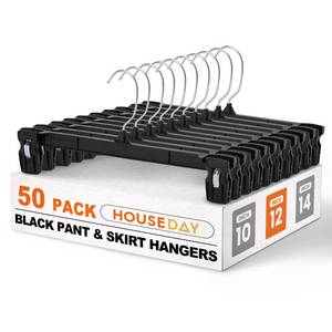 lot 7739 image: HOUSE DAY Black Pants Hangers 50 Pack, 12 Inch Skirt Hangers with Non-Slip Big Clips and 360° Swivel Hook, Heavy Duty Slim Plastic Pant Hanger, Space Saving Clip Hanger for Pants, Skirts, Shorts
