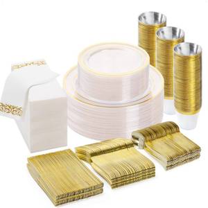 lot 7742 image: BESTVIP 350PCS Clear Gold Disposable Dinnerware Set for 50 Guests, Plastic Plates for Party, Wedding, Christmas, Include 100 Plastic Plates, 50 Gold Silverware, 50 Cups, 50 Napkins