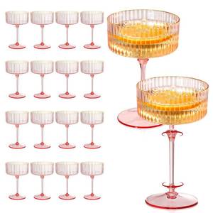 lot 7747 image: XUWAIDSGN 24 Pcs Champagne Martini Glasses 9 Oz with Gilded Removable Gold Rim Coupe Glasses Pink Martini Glasses Plastic Mimosa Vintage Coupe Glasses Set For Wedding Anniversary (24, Ribbed Pink)