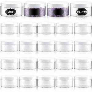 lot 7752 image: Dandat 24 Pcs 8 oz Plastic Jar Container with Lid and Label Refillable Empty Round Clear with White PET Cosmetic Sample Slime Containers for Lotion, Cream, Ointment, Body Butter, Makeup Travel Storage