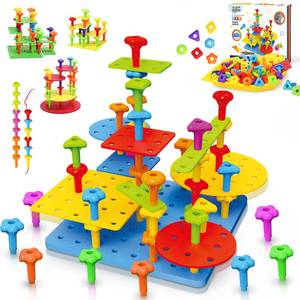 lot 7758 image: Peg Board Toy set 73Pcs DIY Building Stacking Toys for Kids 3-6 Years Old,STEM Educational Kids Toy for Brain Development,Montessori Sensory Toys,Upgrade Various Foam Board Plastic Lacing String Game