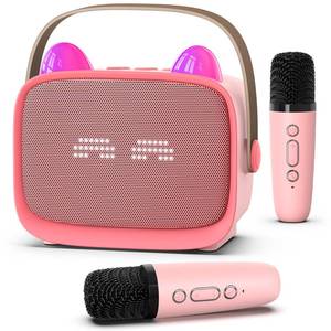 lot 7774 image: Mgaolo Upgraded Mini Karaoke Machine Toy for Kids, Portable Bluetooth Speaker with 2 Wireless Mics, Emoji & Colorful LED Lights, Home Travel & Party Play Gifts for Boys Girls (Pink)