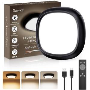 lot 7786 image: Motion Sensor Rechargeable Ceiling Light with Remote, 12000mAh Wireless Shower Lights for Inside Shower, Battery Operated Closet Light Sensored LED Overhead Lighting No Wiring for Hallway Garage