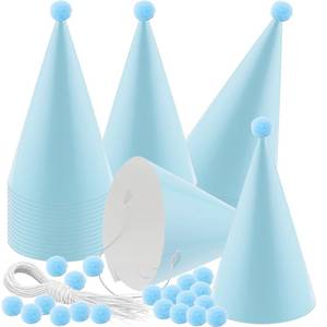 lot 7818 image: Tmzczz 24 PCS Party Cone Hats with Pom Poms DIY Birthday Paper Cone Hats for Kids and Adults Birthday, Baby Shower, Bridal Shower (Light blue)