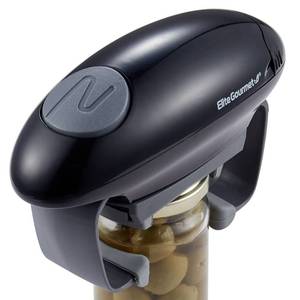 lot 7849 image: Elite Gourmet EJO800 High Power Torque Automatic Battery Operated Electric Jar Opener, One-Touch Electric Operation, Easily Remove Most-Size Lids with Auto-Size Guides, BlackGray