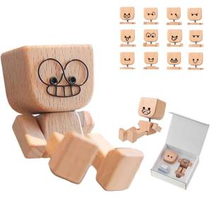 lot 7854 image: Shaking Wooden Man Figurine, Portable Handmade Shak Wood Figurine for Car Dashboard, Charming Little Wooden Figure That Sways with Magnetic Expressions (Wood Color)
