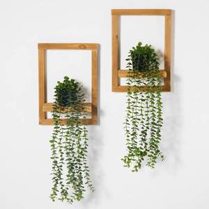 lot 7872 image: Mokof 2 Pack Wooden Shelves with Fake Hanging Plants for Wall Decor, Modern Farmhouse Wood Wall Art for Living Room, Bathroom (Light Brown)