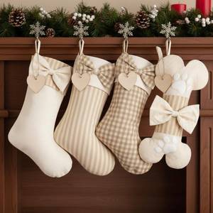 lot 7896 image: Realspring 4 Pack Burlap Christmas Stockings with Wooden Name Tag for Dogs 18 Large Boho Rustic Farmhouse Neutral Bone Shape Stocking Beige Plaid Bow Hanging Ornament for Family Fireplace Xmas Season