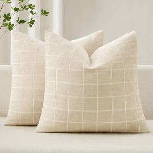lot 7906 image: MIULEE Decorative Chenille Check Euro Shams Throw Pillow Covers Vintage Plaid Couch Pillows 24x24 Inch Set of 2 Neutral Boho Farmhouse Cushion Covers Spring Decor for Sofa Bed Living Room Beige
