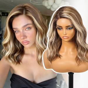 lot 7935 image: KOME Brown Highlight Synthetic Lace Front Wig,Side Part Short Curly Bob Wig,Shoulder Length Wig for Women Daily Use 16IN