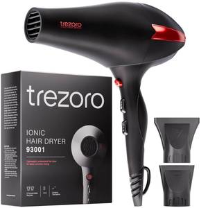 lot 7960 image: TREZORO Professional Hair Dryer, Ionic Ceramic Tourmaline Technology, 2000W Fast Quiet Drying, with Narrow & Wide Concentrator Nozzles, 3 Heat & 2 Speed Settings, Cool Shot Button, Black