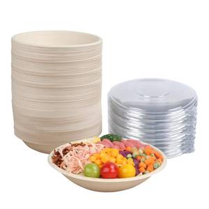 lot 7965 image: JAYEEY 24 oz Round Disposable salad bowls with lids, Sugarcane Fiber Paper Bowls take away food containers Plant Fibers Freezer Safe 50 Pack