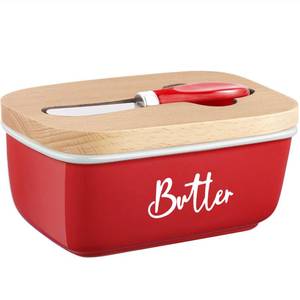lot 7971 image: ALELION Red Butter Dish with Lid and Knife for Countertop, Ceramic Butter Container with Beech Wood Lid, Airtight Butter Keeper for Counter, for Red Kitchen Decor and Accessories