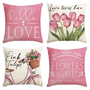 lot 7975 image: AVOIN colorlife Hello Love Pink Tulips Bicycle Throw Pillow Covers, 18 x 18 Inch Flowers Spring Mothers Day Cushion Case for Sofa Couch Set of 4