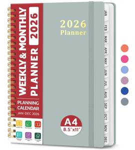 lot 7998 image: 2026 Planner, Weekly and Monthly Calendar Planner, January 2026 - December 2026, Hardcover 2026 Calendar Book with Tabs For Women & Men, Inner Pocket, Spiral Bound, Perfect for Office Home School Supplies - A4 (8.5 x 11), Dusty Blue
