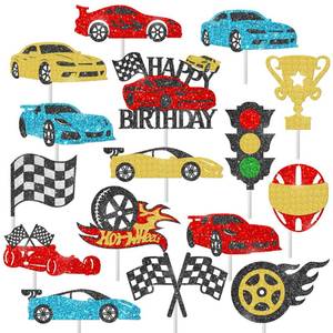 lot 8007 image: 30Pcs Race Car Cupcake Toppers Glitter Racing Car Cupcake Toppers Sticks Checkered Racing Birthday Party Decorations for Race Car Theme Birthday Party Baby Shower Supplies