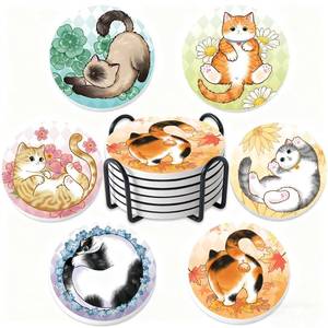 lot 8014 image: STARUBY Coasters Absorbent Ceramic Coaster Drink Coasters with Cork Back Lazy Cats Set of 6 Round Coaster Non Slip for Coffee Table Wine Glass Home Bar 4 Inch, Cute
