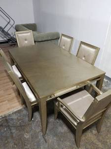 Contemporary 7-Piece Champagne Dining Set with 2 Leaf Inserts. 6 to 9ft L