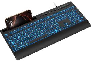lot 8354 image: SABLUTE Large Print Wired Backlit Keyboard with Backlight Memory Function, 7-Color Auto-Cycling & Static Single LED, Computer Keyboard with Phone Holder & Wrist Rest, Quiet Crater Keys for PC Laptop