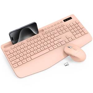 lot 8356 image: Trueque Wireless Keyboard and Mouse Combo - Full-Sized Ergonomic Keyboard with Wrist Rest, Phone Holder, Sleep Mode, Silent 2.4GHz Cordless Keyboards Mice Set for Computer, Laptop, PC, Windows (Pink)