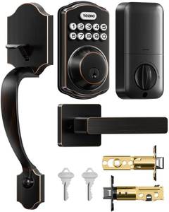 lot 8448 image: TEEHO TK001H Keyless Entry Door Lock with Handle Set, Electronic Deadbolt Keypad Door Lock with Code, Smart Locks for Front Door, Exterior Door Handle, Auto-Lock, Easy to Install, Oil-Rubbed Bronze