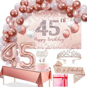 lot 8456 image: Trgowaul 45th Birthday Decorations Balloon Set Women Arch, Rose Gold 45th Birthday Banner and Party Tablecloth, Belt and Tiara, Pink Gold 45th Balloon, Cake Topper, Latex Balloon  60