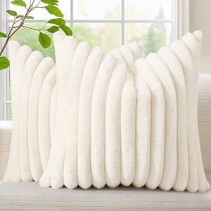 lot 8463 image: decorUhome Cozy Faux Fur Spring Throw Pillow Covers 18x18 Set of 2 Decorative Soft Plush Striped Modern Farmhouse Boho Couch Pillow Cases with Velvet Back for Sofa Bed Living Room, Cream White