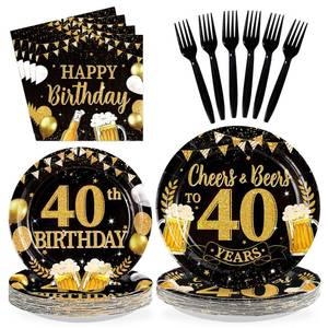 lot 8482 image: 96Pcs 40th Birthday Party Supplies Black Gold Plates and Napkins Tableware Sets Cheers and Beers to 40 Years Decorations Favors for Men Women 40 Years Old Birthday Dinner Holiday Party Serves 24