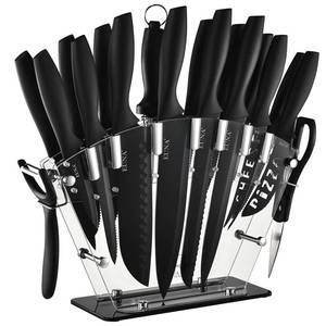 lot 8500 image: EUNA Kitchen Knife Set, 19 PCS Black Knife Set with Acrylic Block and Sharpener, German High-Carbon Stainless Steel Knife Sets with 6 Serrated Steak Knives, Bread Knife, Chef Knife, Dishwasher Safe