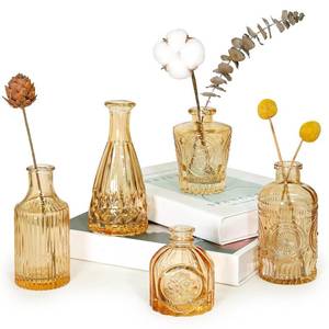 lot 8506 image: SUPMIND Glass Bud Vase Set of 5, Gold Amber Small Flower Vases for Centerpieces in Bulk, Mini Vintage Vase for Rustic Wedding, Home,Table Decoration