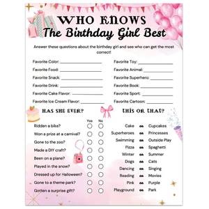lot 8526 image: qinghemengxia Who Knows The Birthday Girl Best, Birthday Would She Rather, Birthday Game Cards for Girls Her Sleepover Party - 5.5  7 inch (Pink)
